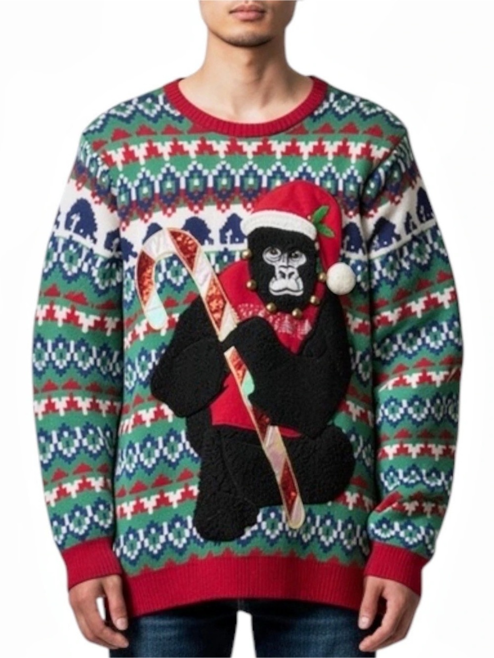HOLIDAY TIME Tacky Gorilla Ugly Christmas Sweater Green Size L (42-44) -- FUN!!!